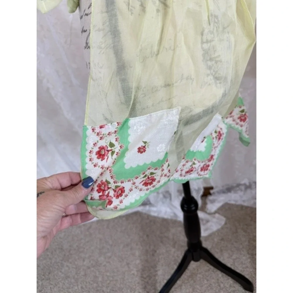 Vintage 50s Handmade Half Apron Sheer Yellow Handkerchief Hem Floral Rose Border